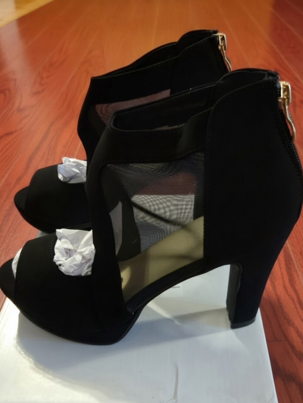 Black Peep-Toe Mesh Heeled Sandals with Back Zip Size 7